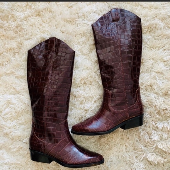 NEW Marc Fisher Haze Croc Embossed Leather Boot BROWN WESTERN KNEE HIGH NIB - Picture 2 of 3